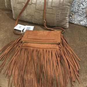 Sorial tan, suede fringe Crossbody or clutch brand new